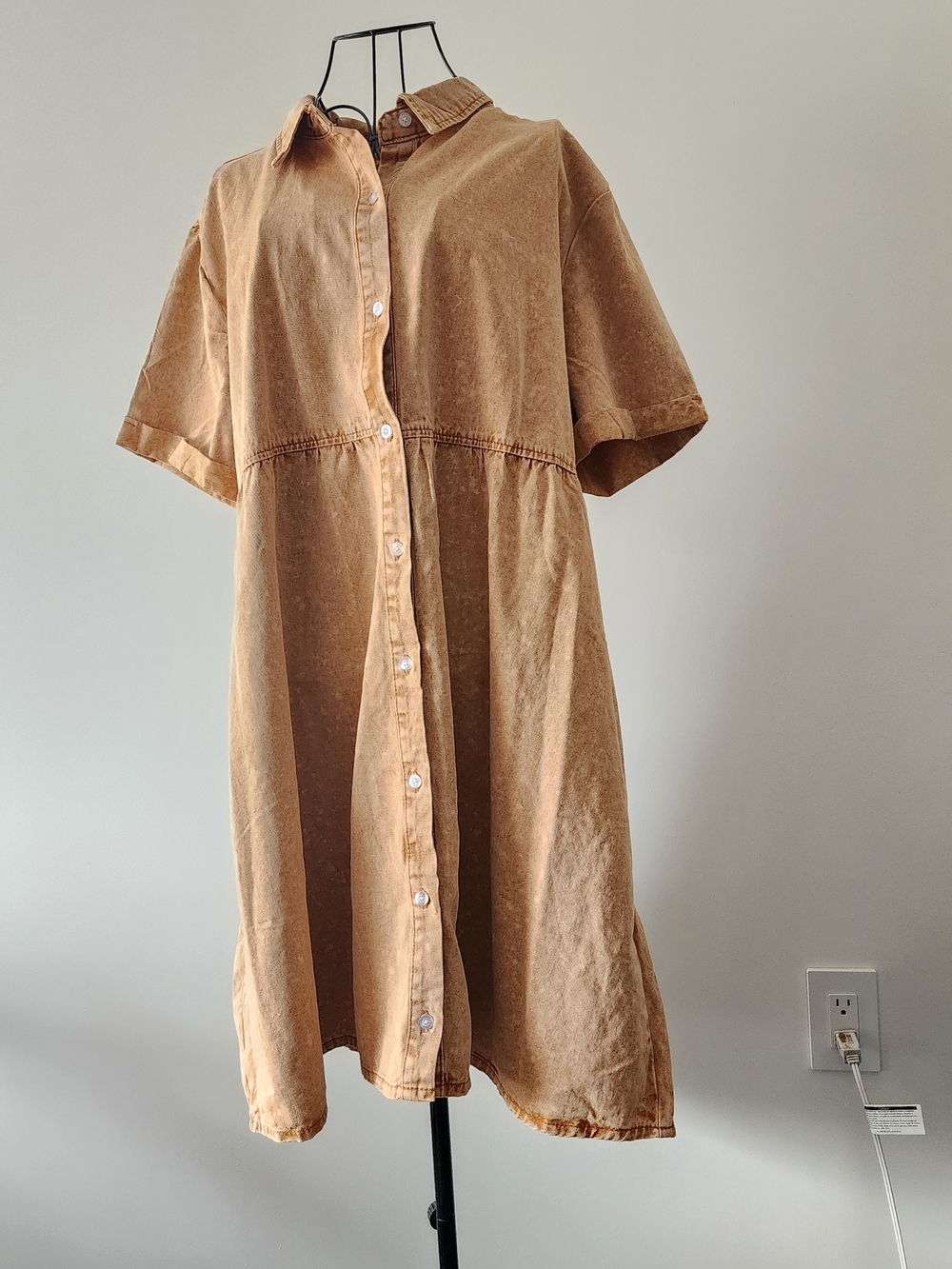 Tiered Denim Shirt Dress Women 2XL Tan Acid Wash Cuffed Short Sleeve Casual Boho